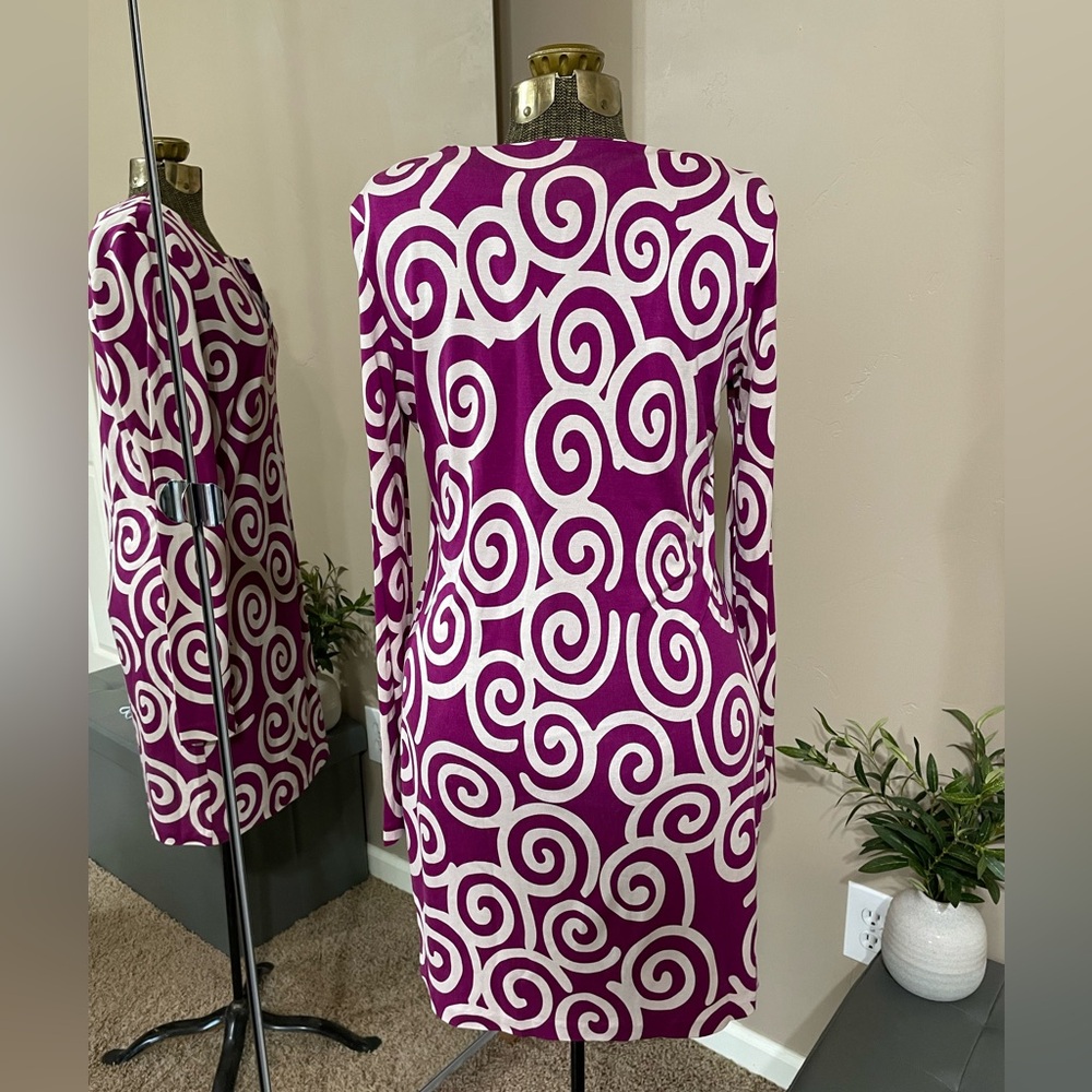 Diane von Furstenberg Reina Silk Jersey Dress Shift Purple Long Sleeve Sz 8 EUC - Picture 4 of 11